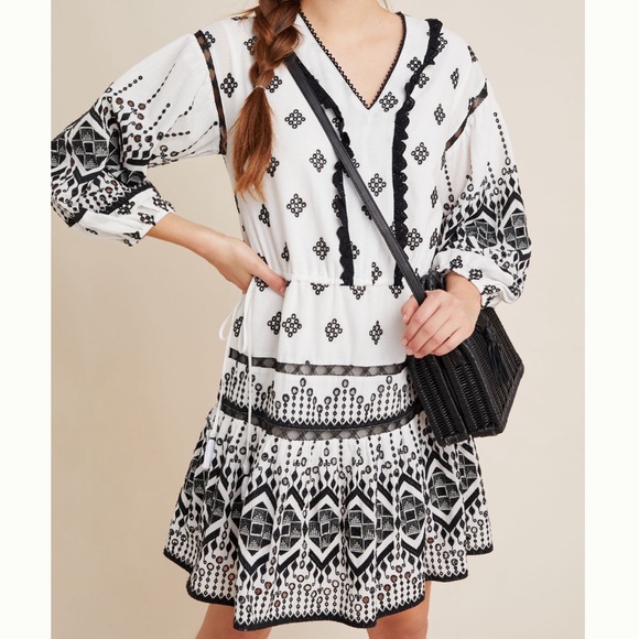 Anthropologie Francine Eyelet Mini Dress Tunic white black Embroidered LP NWOT - Picture 1 of 11